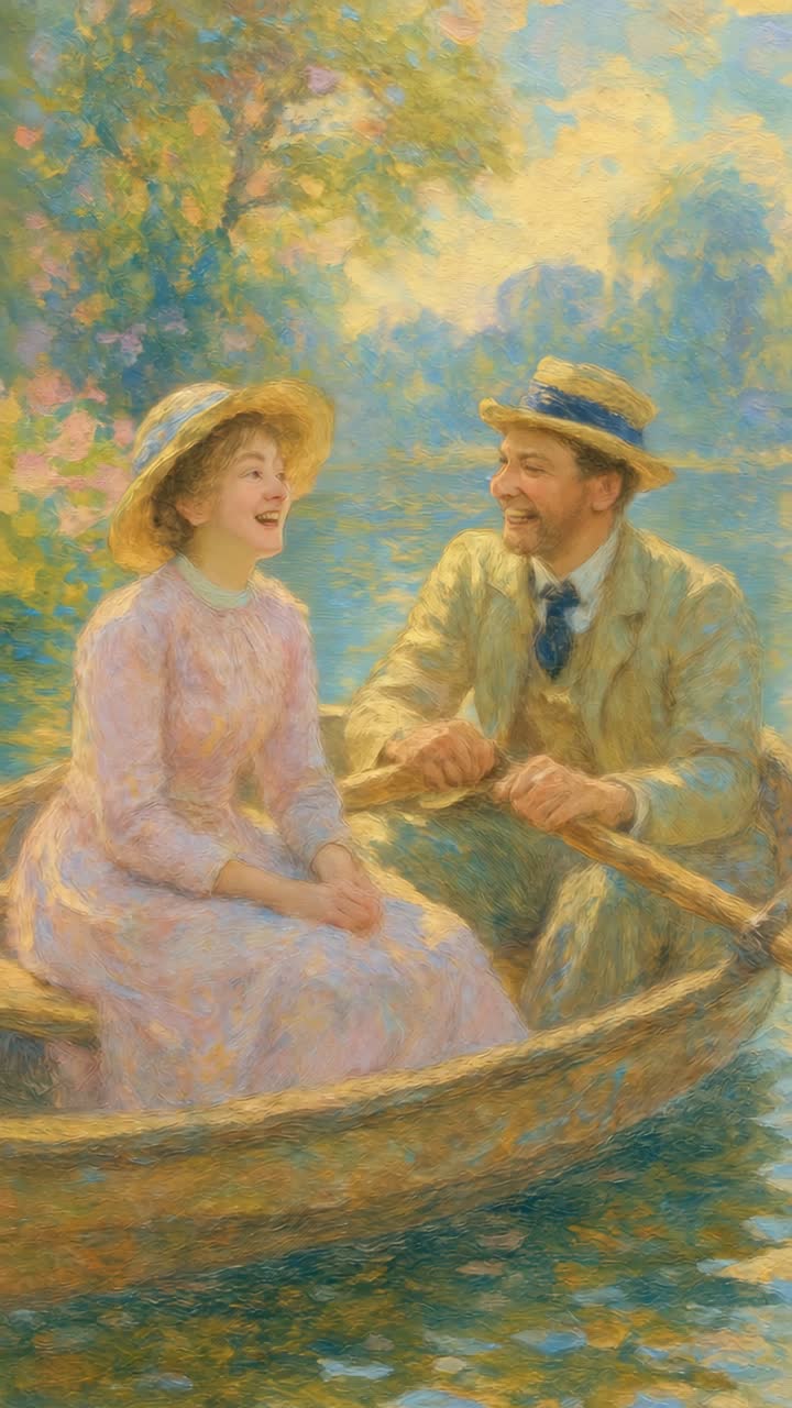 Romantic impressionist-style video still of a couple in a boat, captured from a side angle