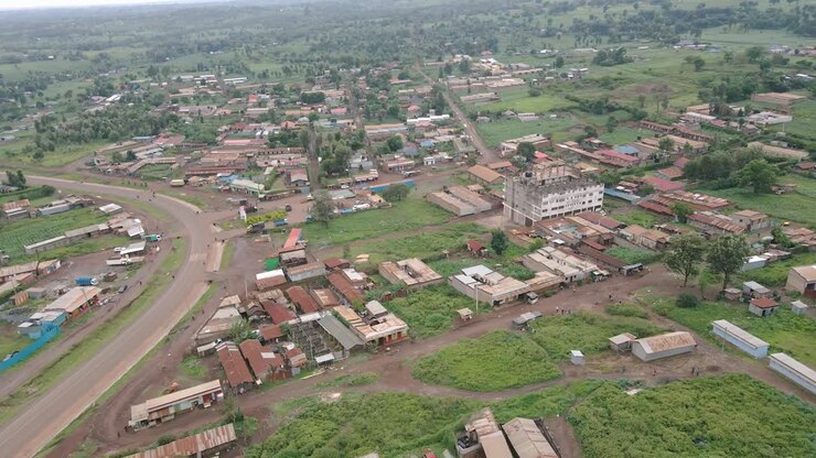 Panoramic View Of The Rural Town Of Loitokitok In Kajiado County, Kenya At Daytime - aerial drone shot