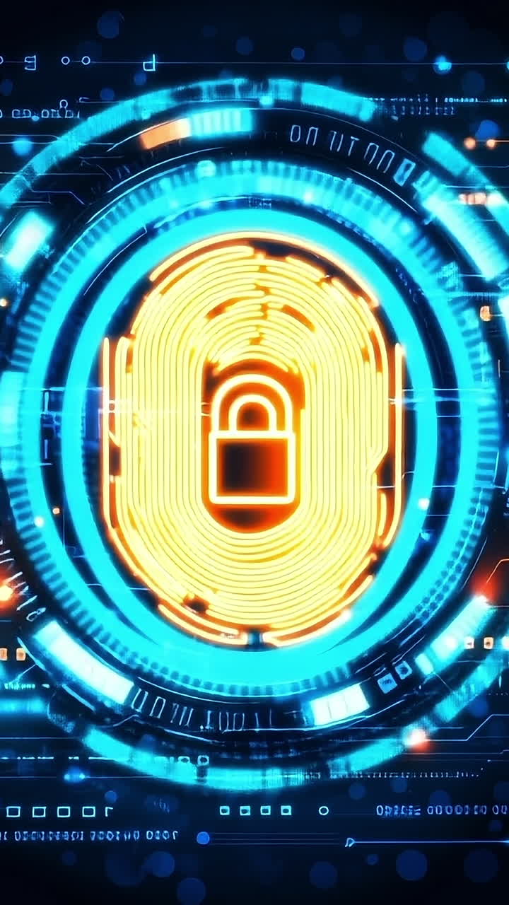 Digital security design. A colorful digital abstract representation of cybersecurity, featuring a padlock symbol and bright data streams.