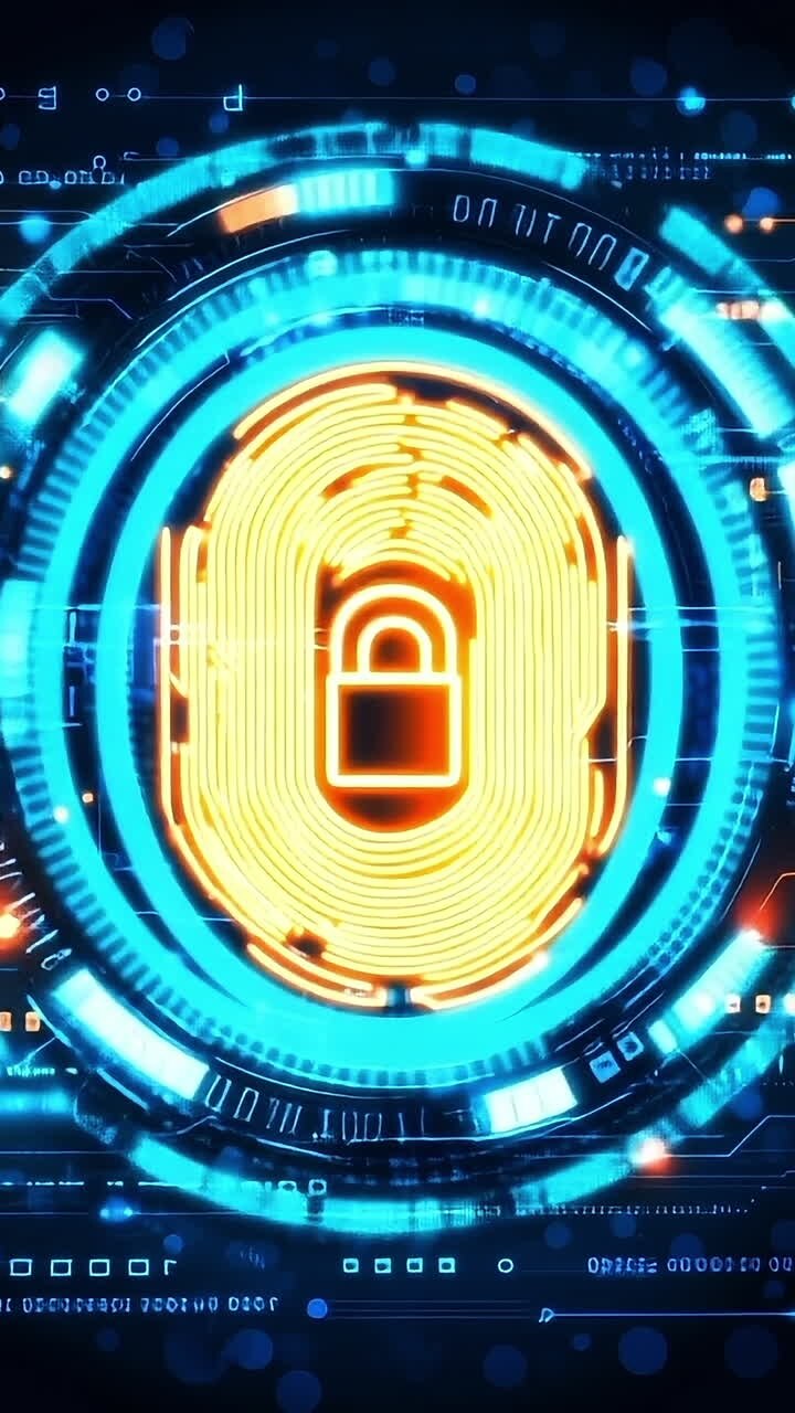 Digital security design. A colorful digital abstract representation of cybersecurity, featuring a padlock symbol and bright data streams.