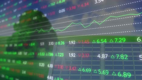 animación de datos financieros y gráficos sobre paneles solares