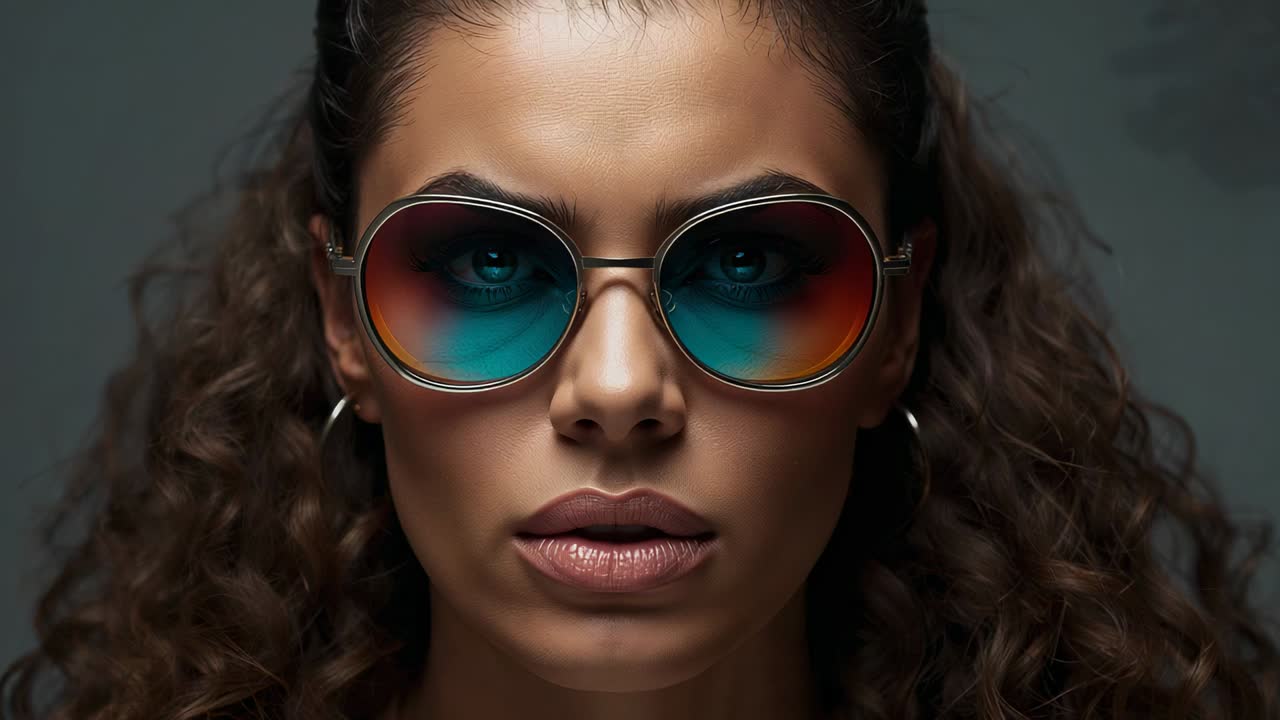 Blinking female model holding gaze in studio as camera records, showing tinted sunglasses and hoops