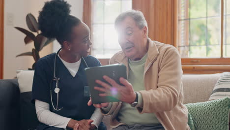 elderly, man and nurse with tablet for consulting