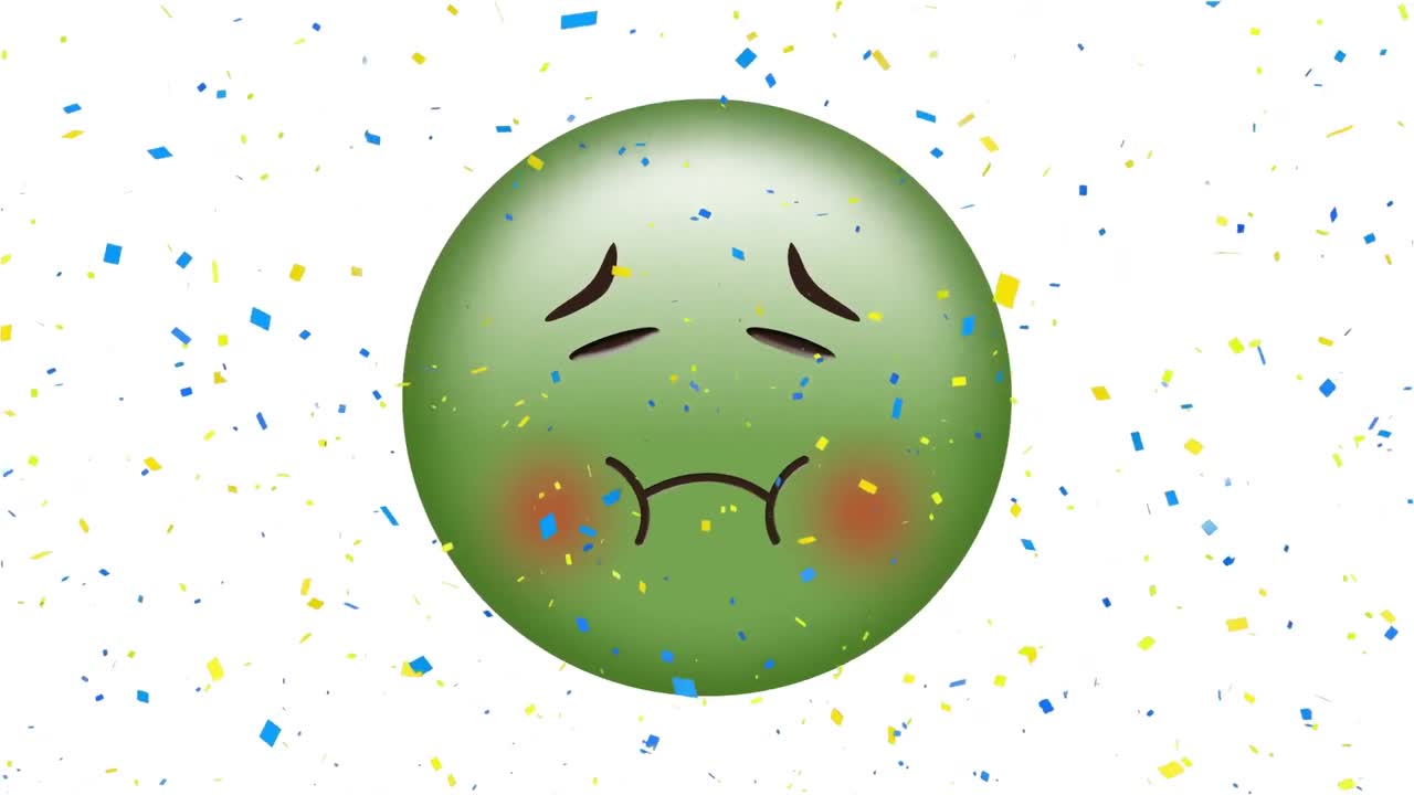 콩페티 위에 떨어지는 아픈 이모지 아이콘의 애니메이션