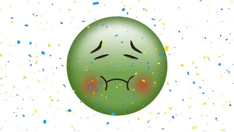 Animation-of-sick-emoji-icon-over-confetti-falling
