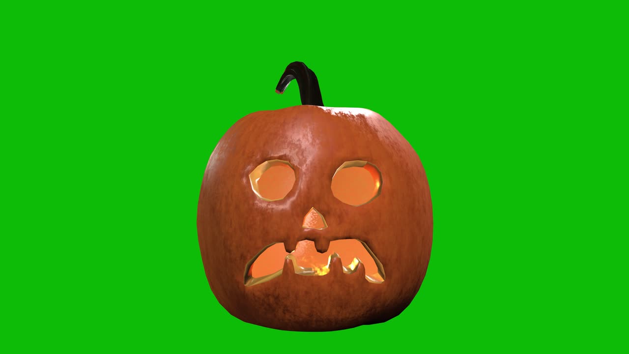 3D animation of a glowing jack-o'-lantern pumpkin 08 with candlelight inside, spinning, scaling up and down on a green screen. Perfect for Halloween intros, spooky videos, and holiday promos