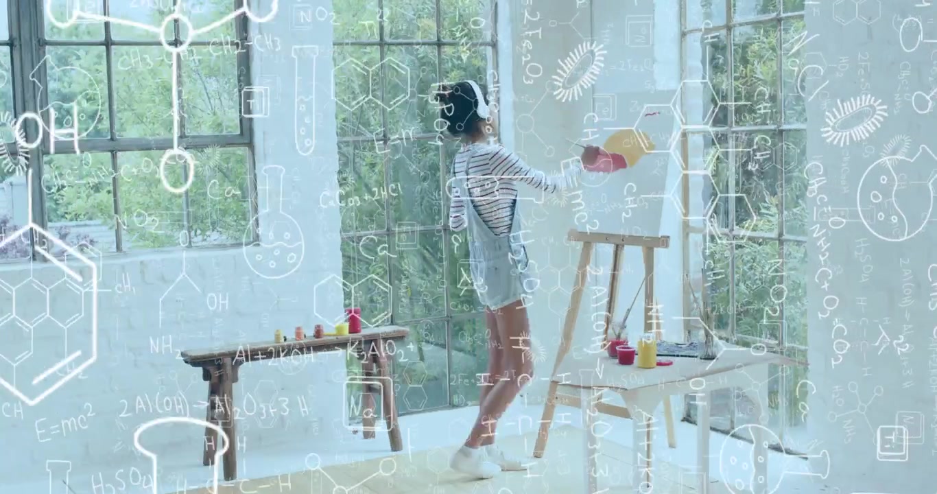 Artist entering art studio with headphones, dipping brush into red paint and painting abstract work