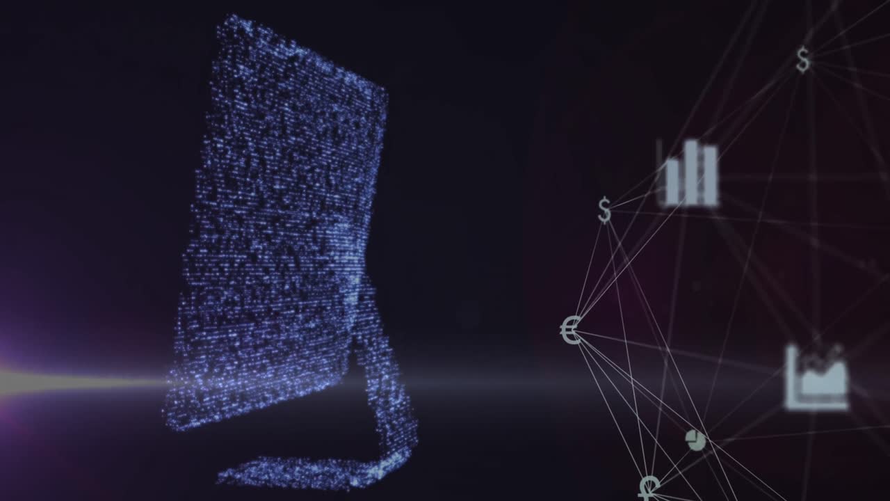 animación de un globo de iconos digitales y un modelo de computadora 3d girando contra un fondo negro