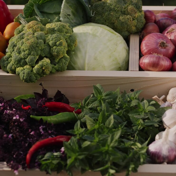 A counter with seasonal vegetables at the farmers' market