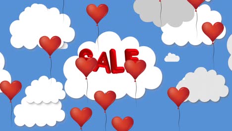 múltiples globos en forma de corazón flotando contra el texto de venta en el cielo azul