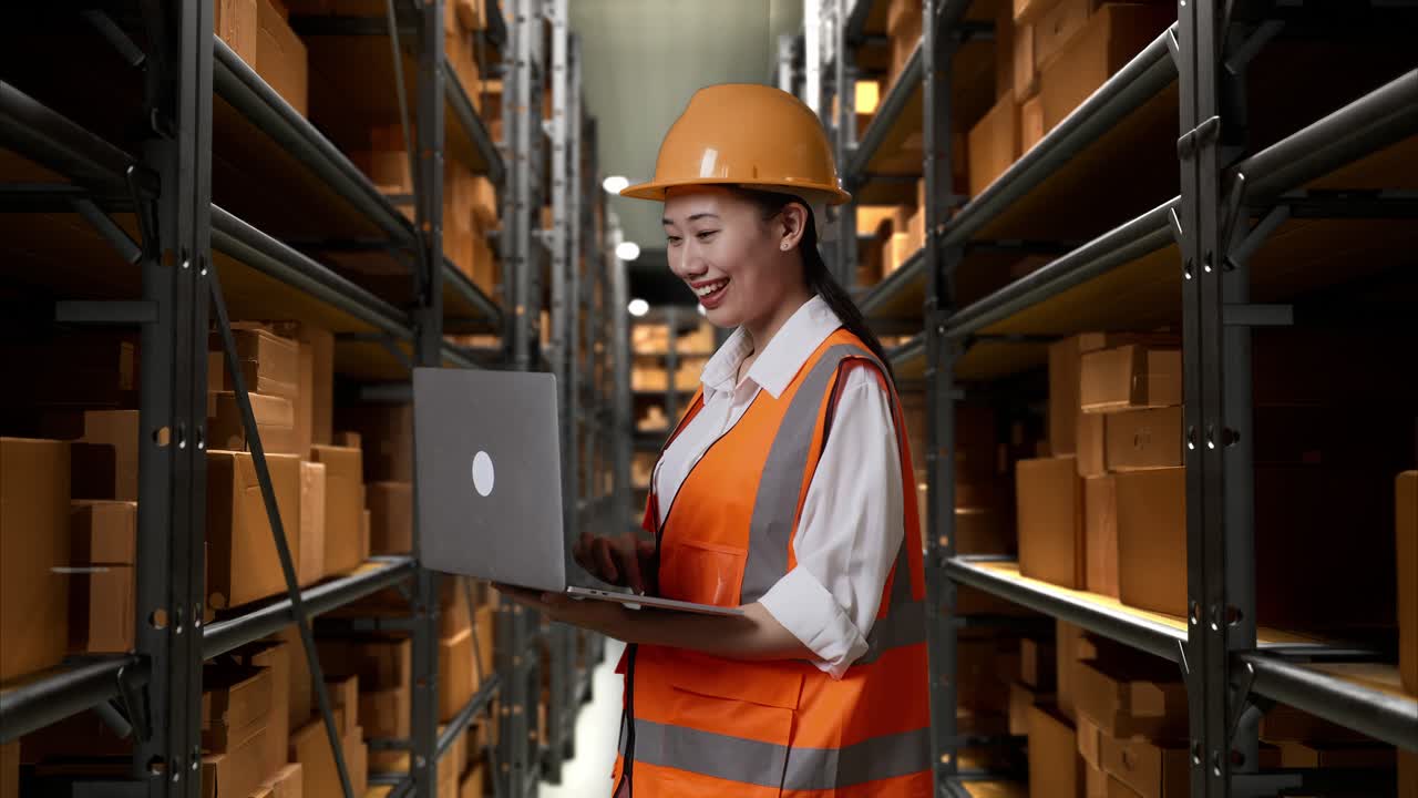 trabajador de almacén que utiliza una computadora portátil