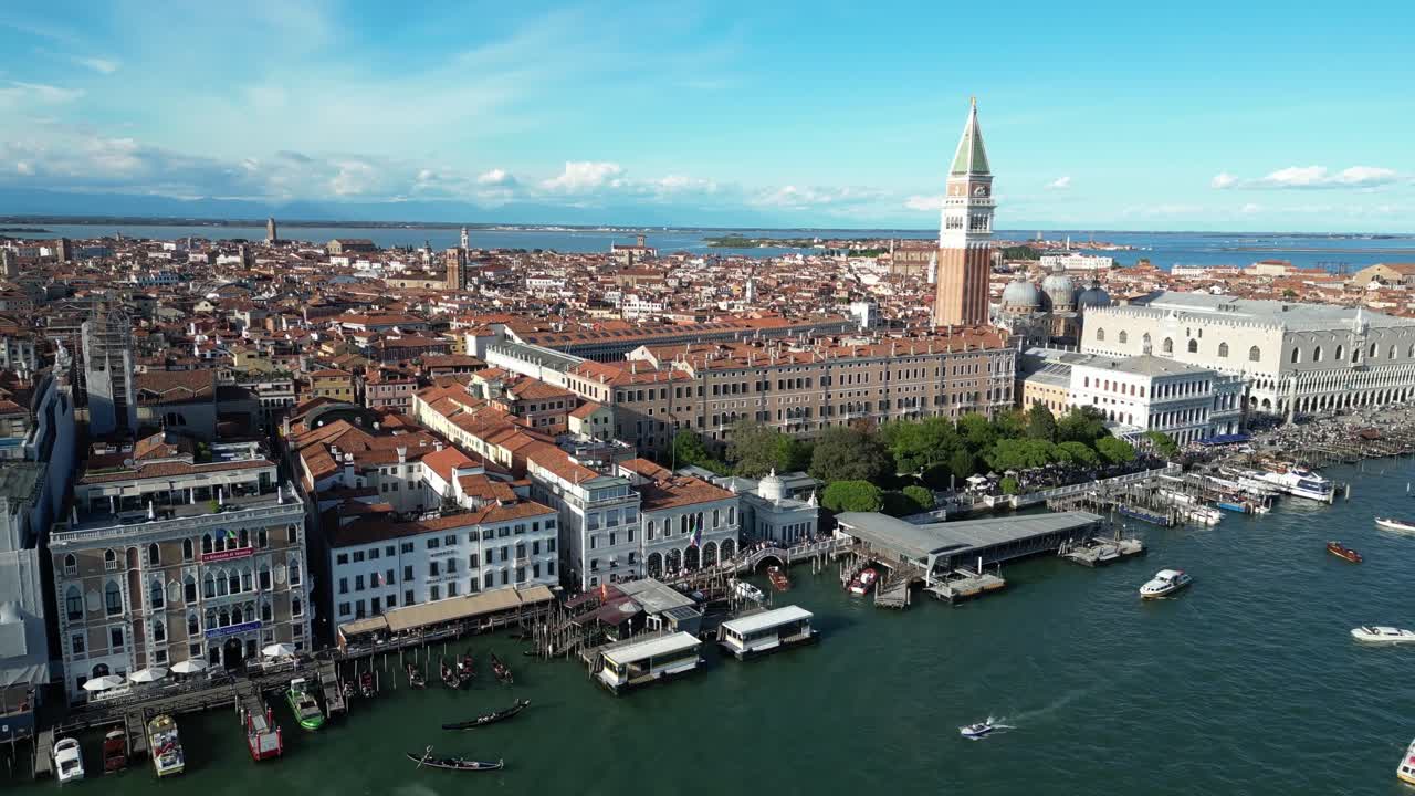 Aerial view over Venice showcasing the Campanile and bustling waterfront along the Grand Canal.