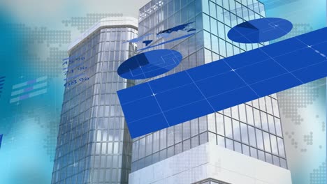 animation of statistical data processing over world map against tall buildings