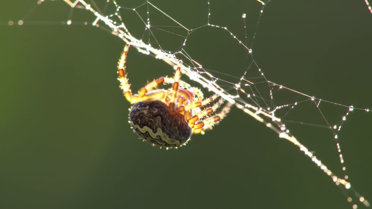 A Stunning Close-up of a Spider Skillfully Balancing on Its Dewy Web, Showcasing Intricate Details and the Beauty of Nature's Creatures