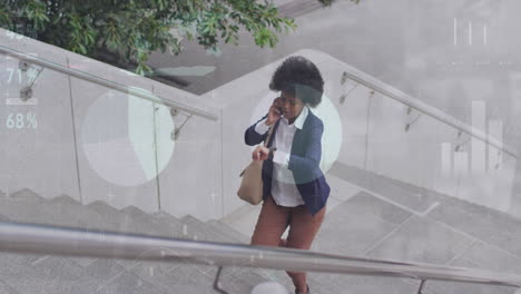 animación de una mujer afroamericana hablando por teléfono y mirando el reloj mientras sube las escaleras