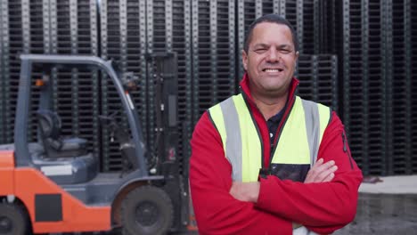 trabajador de almacén sonriendo y mirando a la cámara