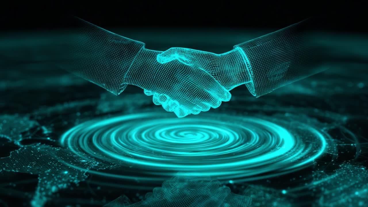 Businessmen shaking hands in a digital wireframe style over a glowing, abstract representation of the Earth, symbolizing a global agreement, partnership, and futuristic technology in business