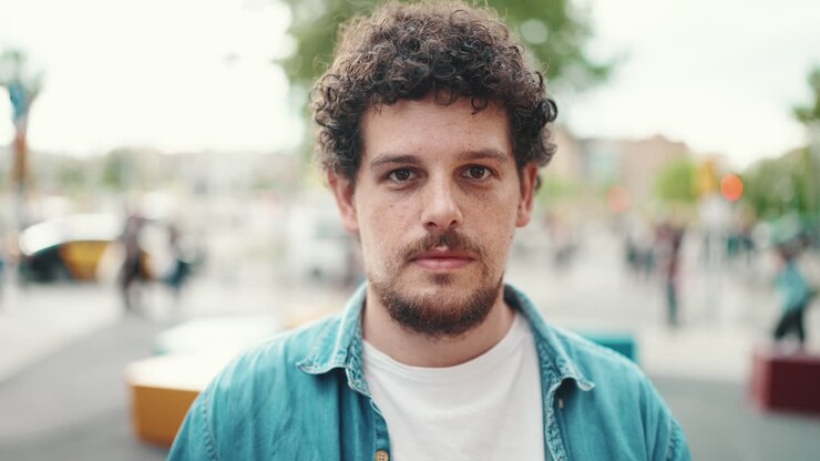 Ritratto di un uomo con i capelli ricci che sorride all'aperto