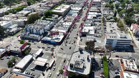 Vista-Aérea-Mirando-Hacia-Abajo-Sobre-El-Concurrido-Boulevard-Ventura-En-El-Barrio-Suburbano-De-Sherman-Oaks-California