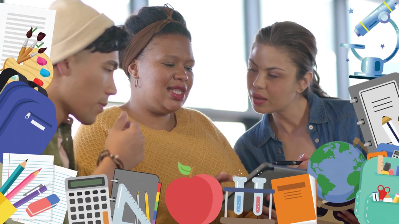Center woman tapping tablet team pointing with stylus planning education icons overlaying frame