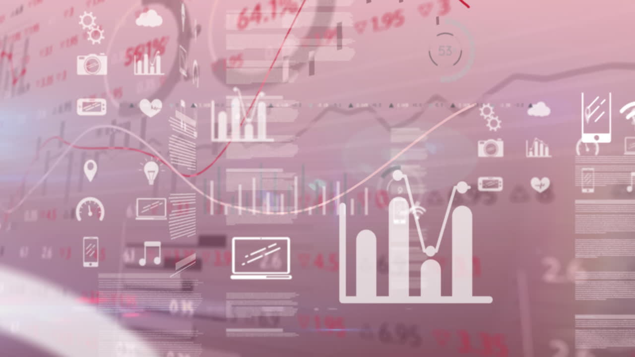 디지털 온라인 아이콘을 통해 금융 데이터를 처리하는 라인의 애니메이션