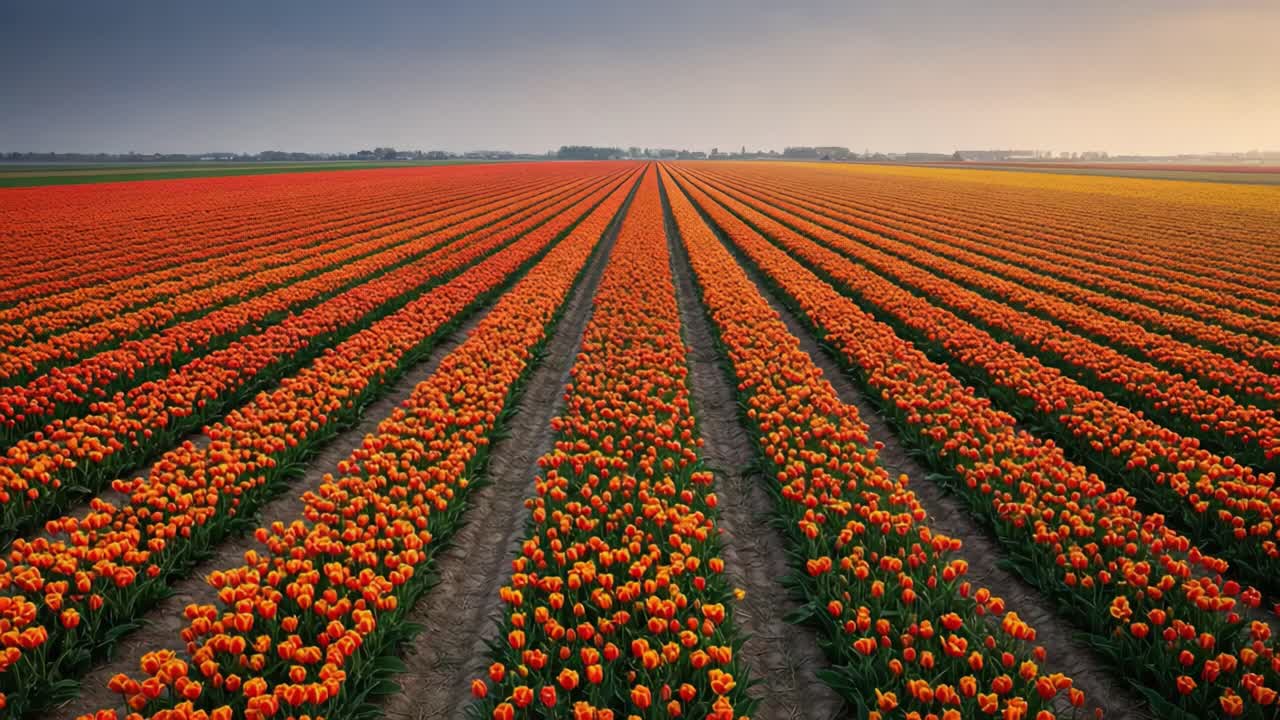 Breathtaking Rows of Vibrant Orange Tulips Stretching into the Horizon Under a Softly Lit Sky at Dusk, Capturing the Essence of Spring's Beauty