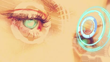 Animation-of-digital-interface-over-woman's-eyes