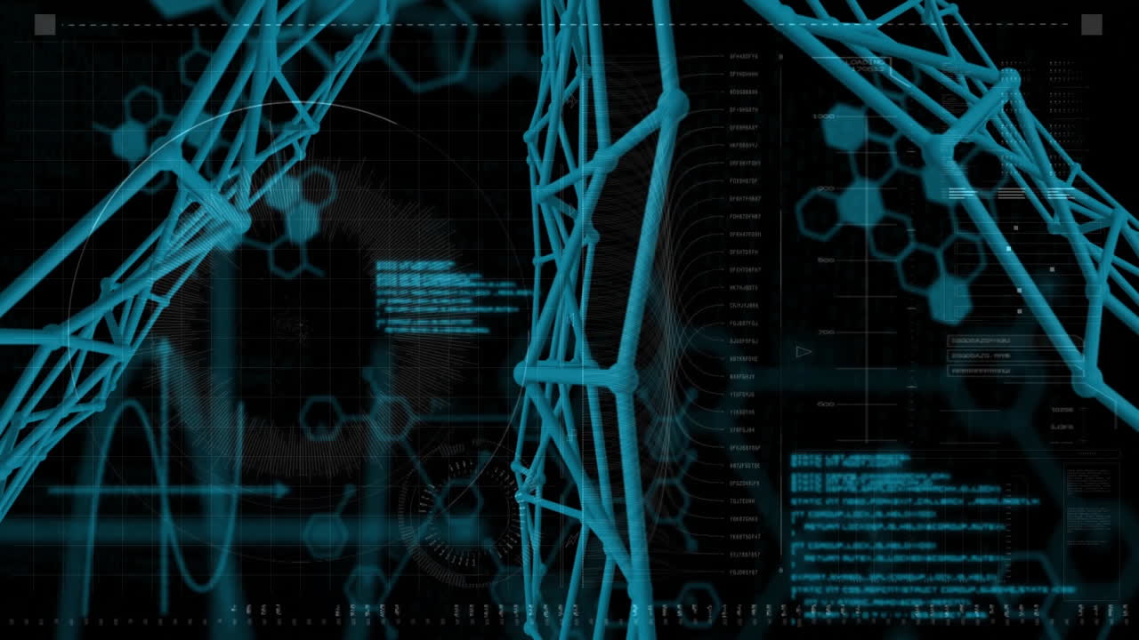 Animation of financial data processing over network of connections on black background