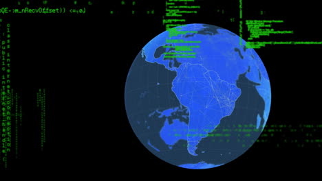 Animation-Der-Computersprache-Und-Des-Rotierenden-Globus-Auf-Schwarzem-Hintergrund