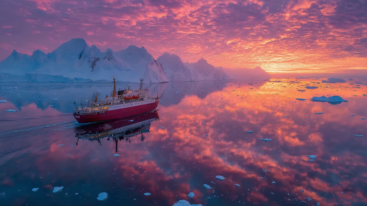 A Majestic Sunset Over Icy Waters: A Ship Navigates Through Glacial Reflections Amidst Stunning Mountain Landscapes and Vibrant Skies