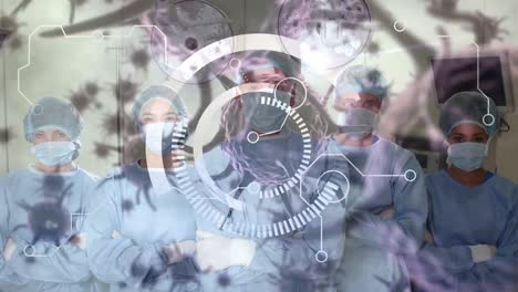 Animation-of-scope-and-covid-19-cells-over-diverse-surgeons-wearing-face-masks-in-operating-theatre