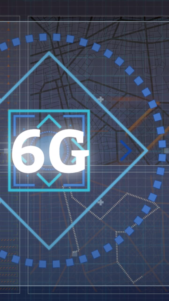 animación de texto de 6g, placa de circuito de computadora y procesamiento de datos sobre fondo azul