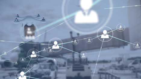animación de la red de conexiones con iconos y drones de entrega sobre el aeropuerto