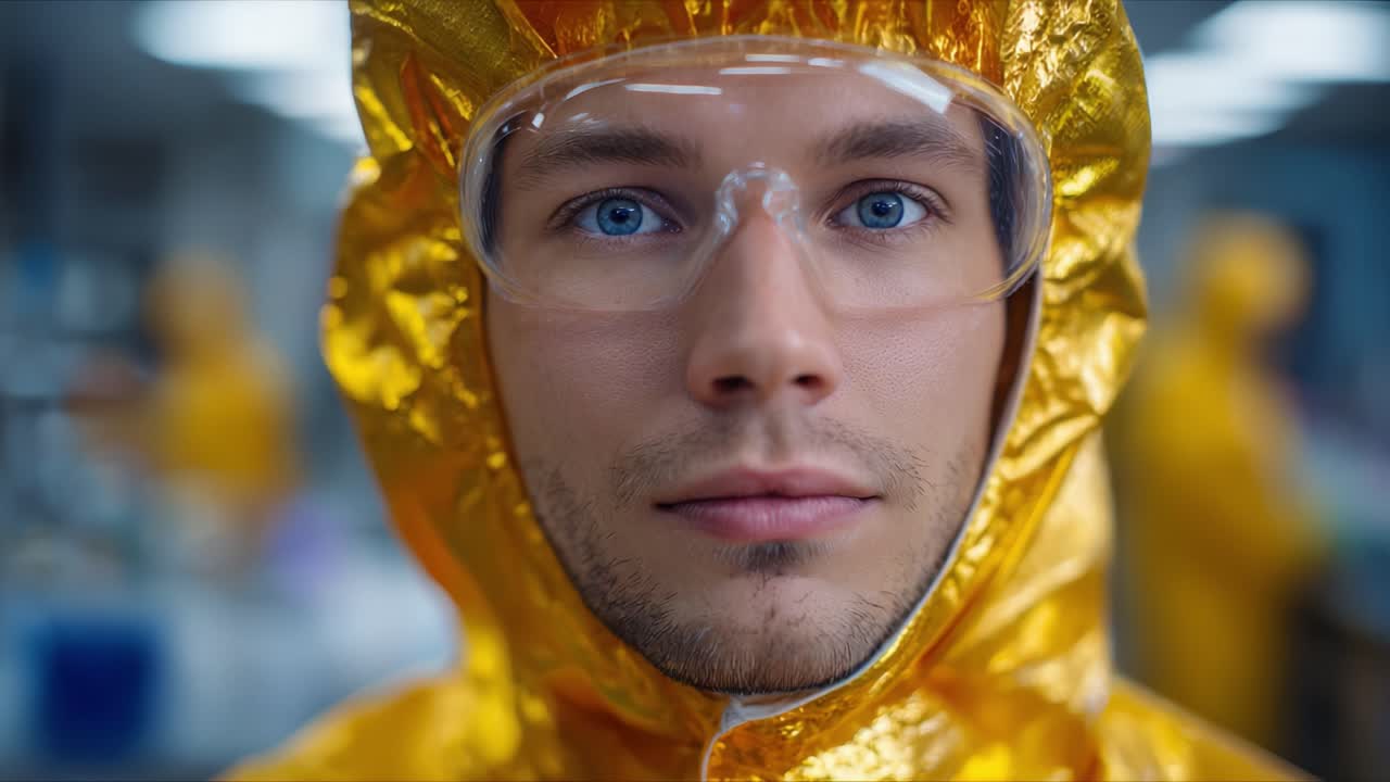 Primo piano di un giovane uomo in tuta protettiva con occhiali trasparenti, concentrato su sicurezza e precisione in un ambiente scientifico o di laboratorio