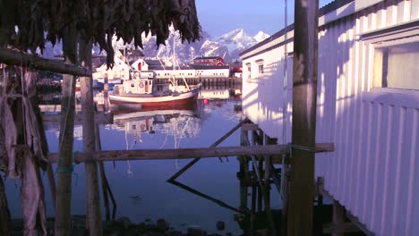 Fish-are-hung-out-to-dry-on-wooden-racks-in-the-Lofoten-Islands-Norway-with-fishing-boats-in-background-2