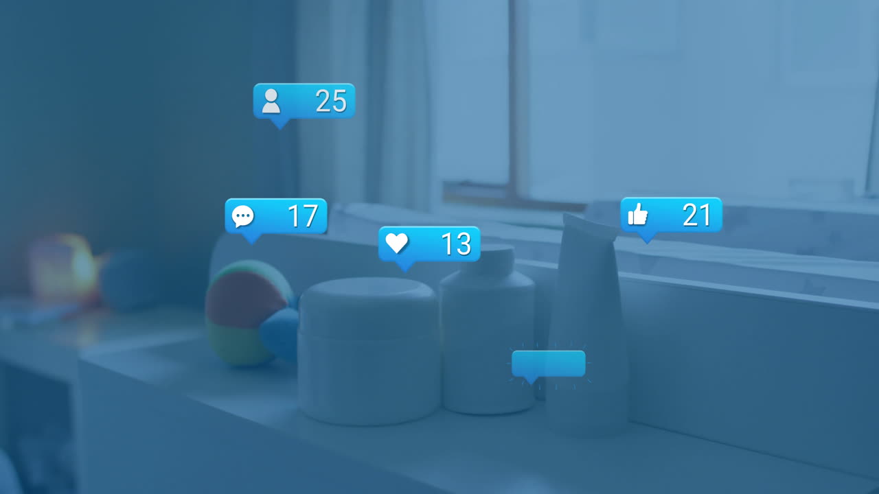 Social media notifications appearing over bathroom shelf with toiletries displayed