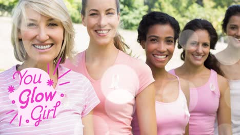 animation of you glow girl text over diverse over group of diverse group of smiling women