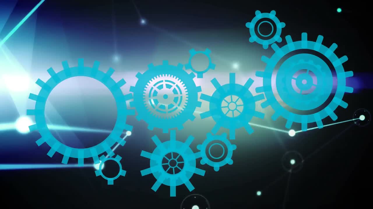 animación de engranajes en movimiento y red de conexiones sobre fondo negro con luces