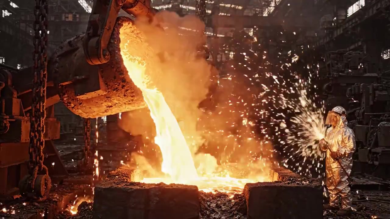 A Dynamic Display of Metalcasting: Molten Material Pours from a Ladle, Illuminating the Industrial Workshop with Fiery Sparks and Atmospheric Conditions