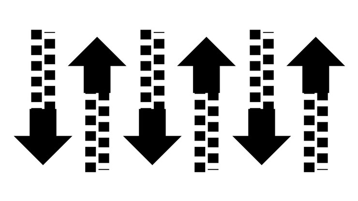 Multiple rows of alternating upward icon animation isolated on white background