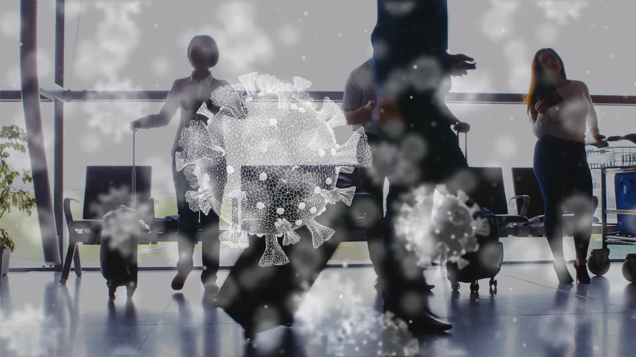 공항에서 걸어서 스마트폰을 사용하는 사람들 위에 떠다니는 거대 코로나19 세포의 애니메이션