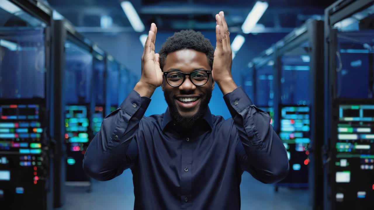 Man in Server Room Applauding Success