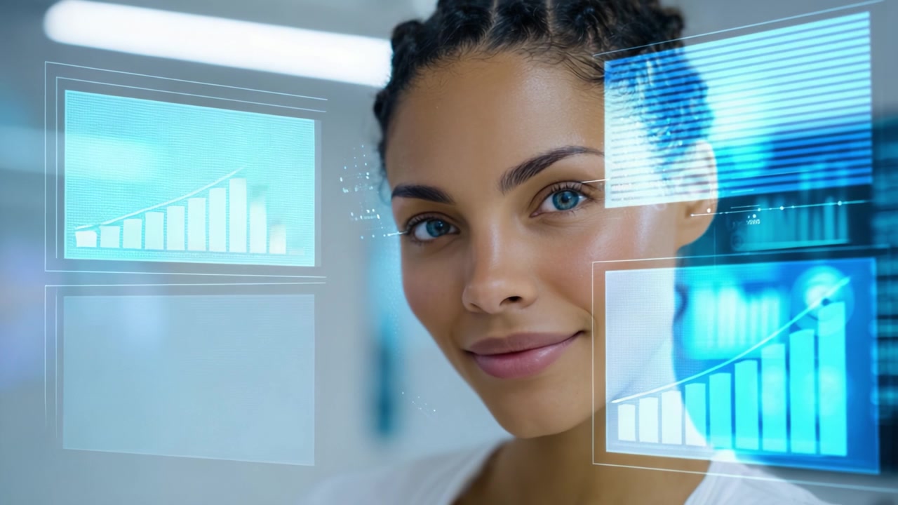 A confident woman with braided hair gazes into the camera, showcasing a futuristic interface with data displays and charts, representing technology and innovation.