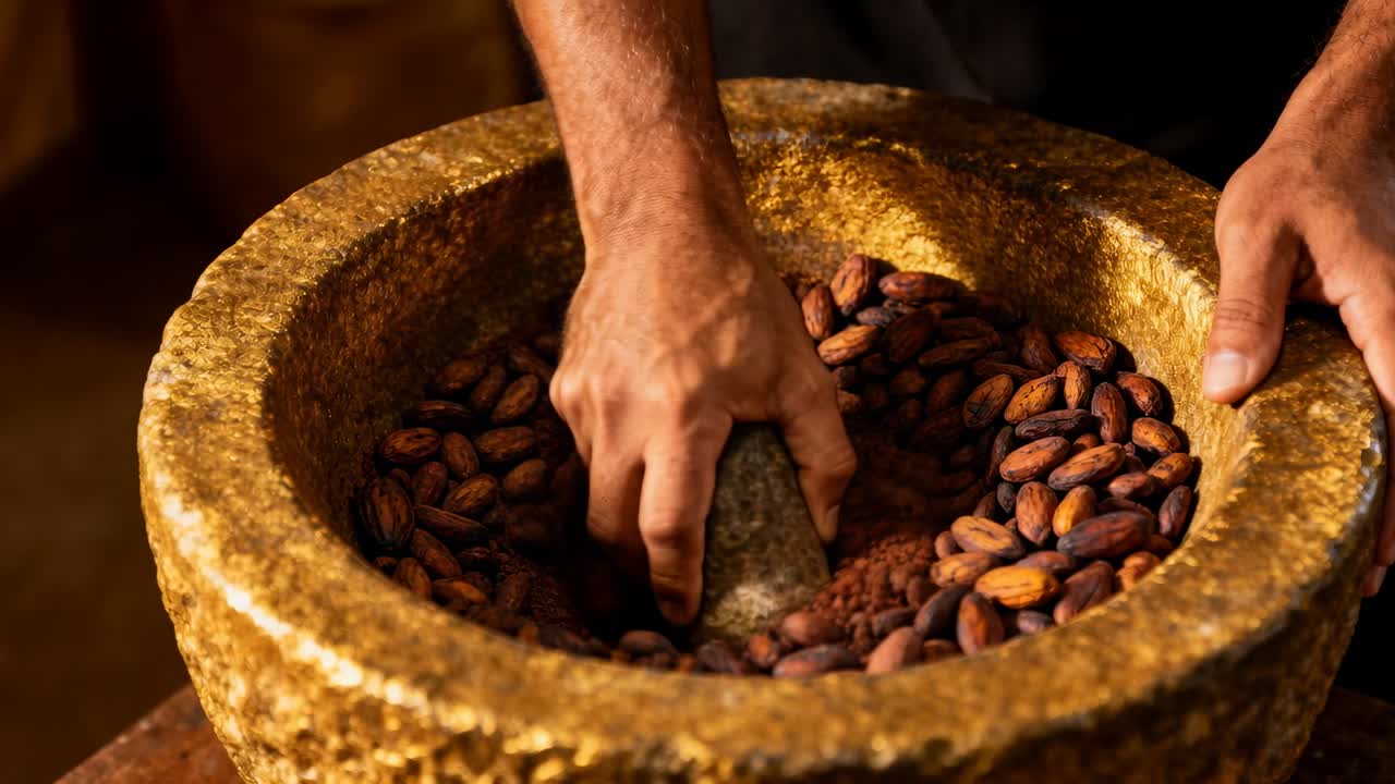 Pressing pestle, artisan in short sleeves grinding cocoa beans at bench with stone mortar for cocoa
