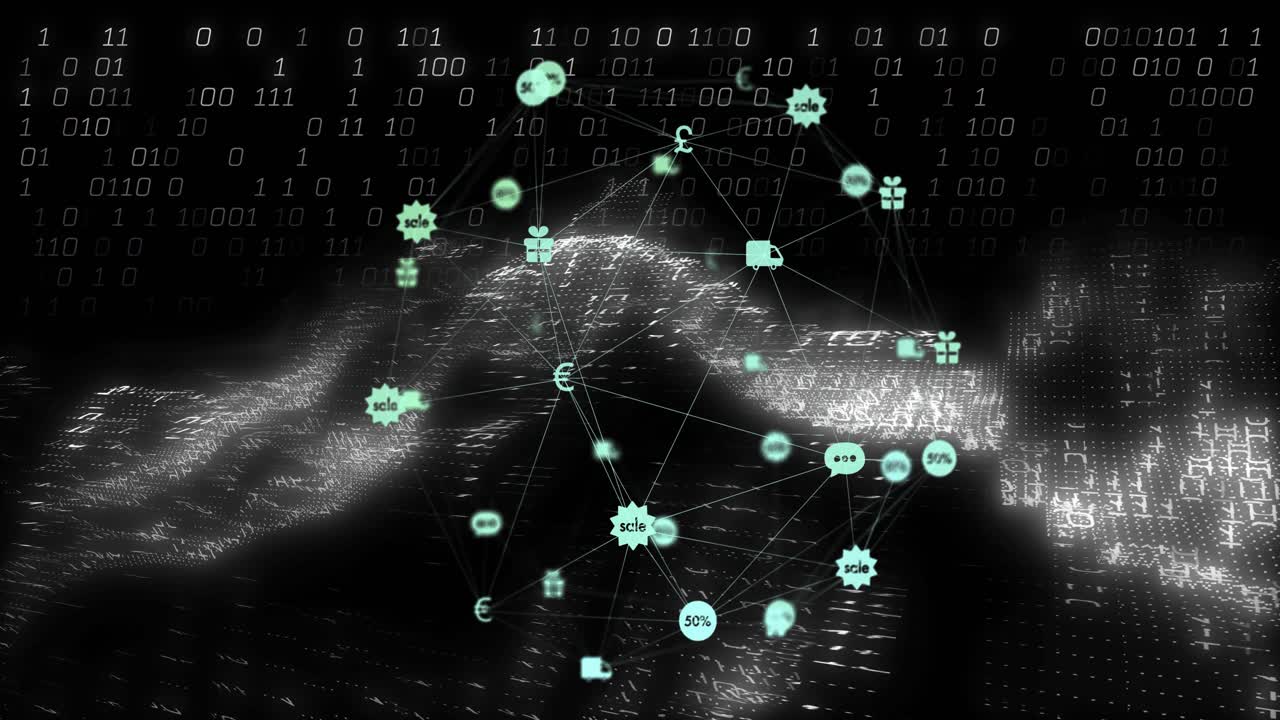 Network sphere pulsing and descending, driving node spread, icons flashing showing data with binary