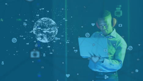 animation of network of connections with globe over african american man with laptop
