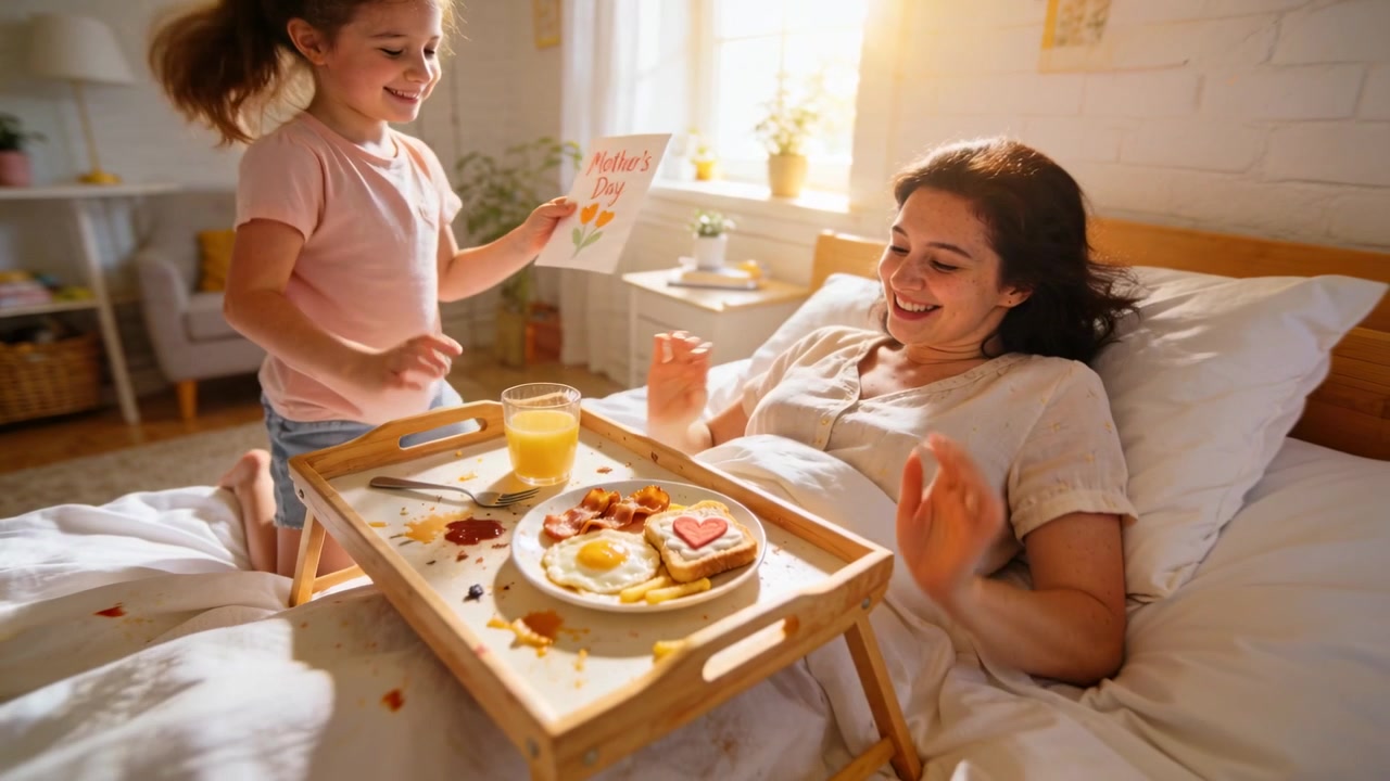 Bringing daughter offering Mother's Day card and breakfast tray in bed, mother wearing pajamas