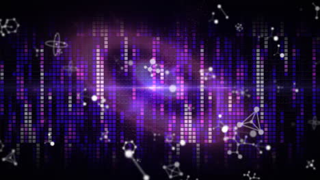 animation of rotating molecules over purple circle and background made of squares
