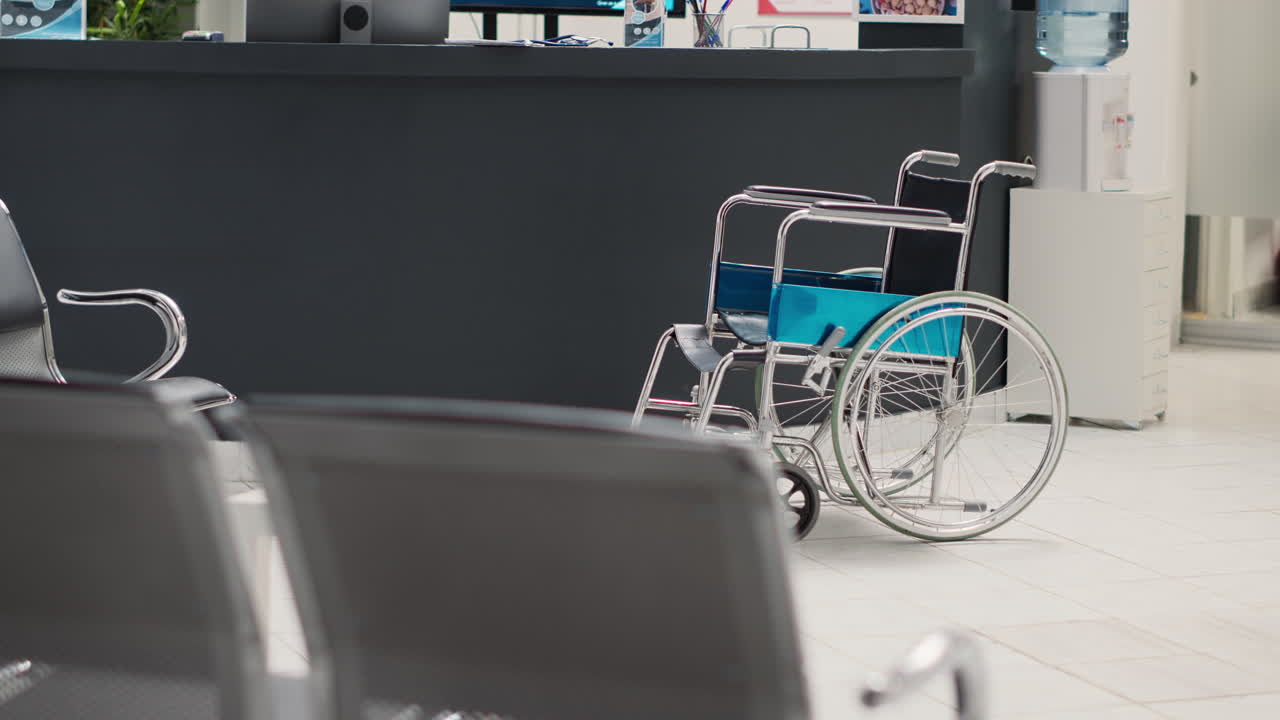 Empty front desk lobby with wheelchair