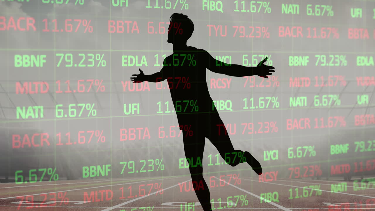 Procesamiento de datos del mercado de valores sobre la silueta de un atleta masculino celebrando en un campo deportivo